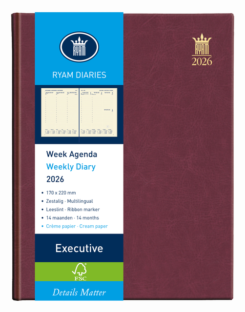 Agenda 2026 Ryam Executive Mundior 7dagen/2pagina's bordeaux
