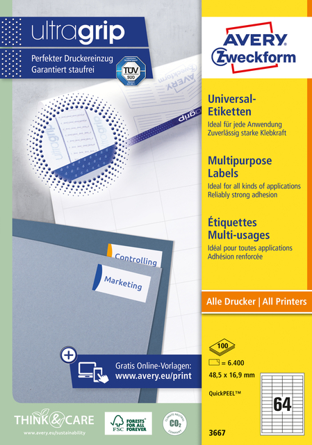 Etiquette Avery Zweckform 3667 48,5x16,9mm blanc 6400 pièces