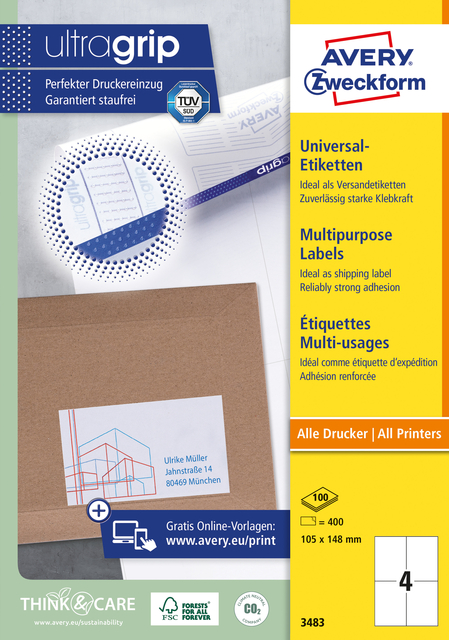 Etiquette Avery Zweckform 3483 105x148mm A6 blanc 400 pièces