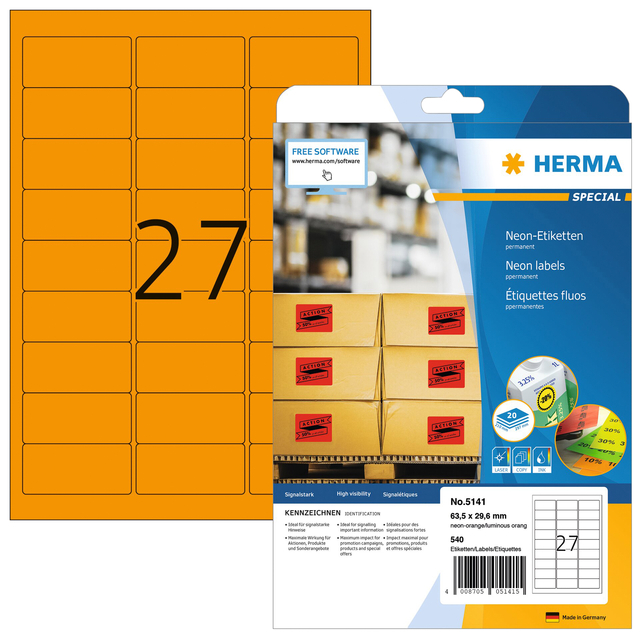Etiquette HERMA 5141 63,5x29,6mm orange fluo 540 pièces