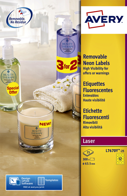 Etiquette Avery L7670-25 63,5mm rond jaune néon 300 pièces