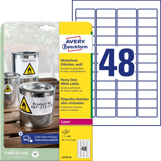 Etiquette film Avery L4778-20 45,7x21,2mm blanc 960 pièces