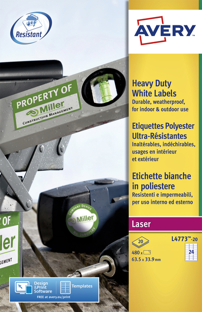 Etiquette film Avery L4773-20 63,5x33,9mm polyester blanc 480 pièces