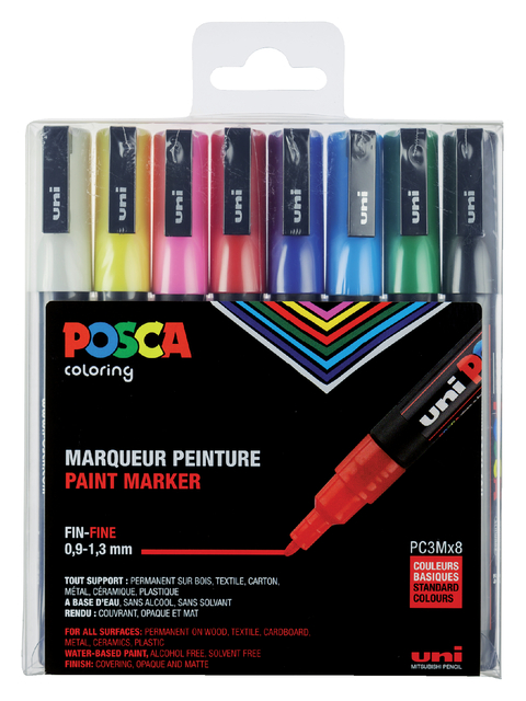 Paintmarker Uni POSCA PC3M fijn assorti set à 8 stuks