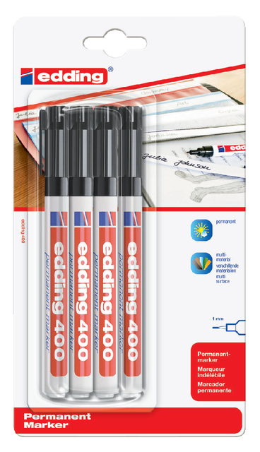 Marqueur edding 400 ogive 1mm noir blister 4 pièces