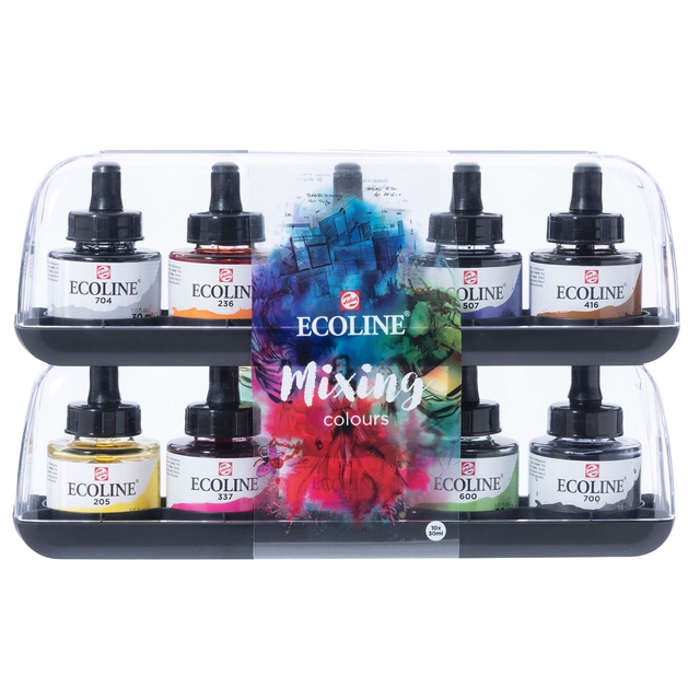 Encre Talens Ecoline avec piptette set additionel 10 couleurs assorties
