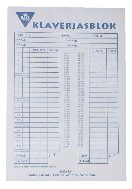 Bloc de score Klaverjas 50 feuilles