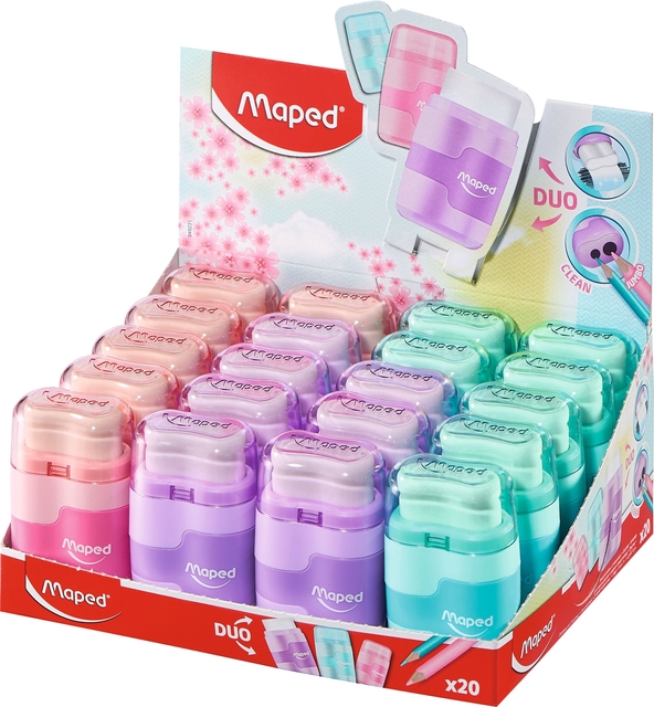 Taille-crayon Maped Connect avec gomme 2 trous présentoir 20 pièces pastel assorti