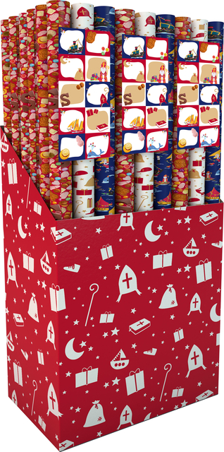 Papier cadeau Saint-Nicolas 200x70cm lot 3 rouleaux + feuille stickers assorti