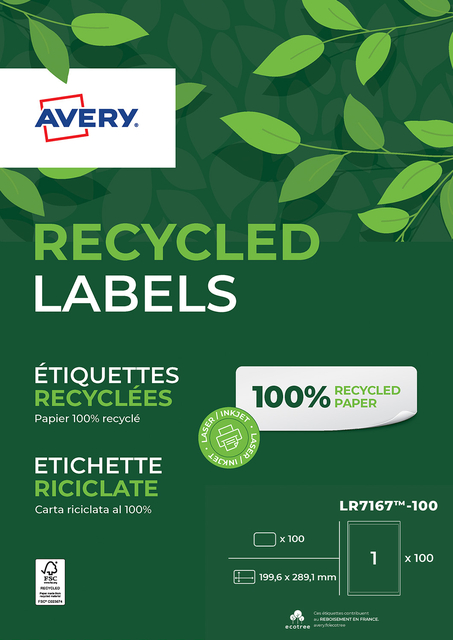Etiquette Avery LR7167-100 199,6x289,1mm recyclé blanc 100 pièces