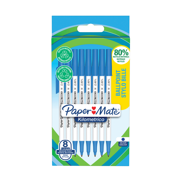 Stylo bille Paper Mate Kilometrico Recycled Medium bleu blister 8 pièces