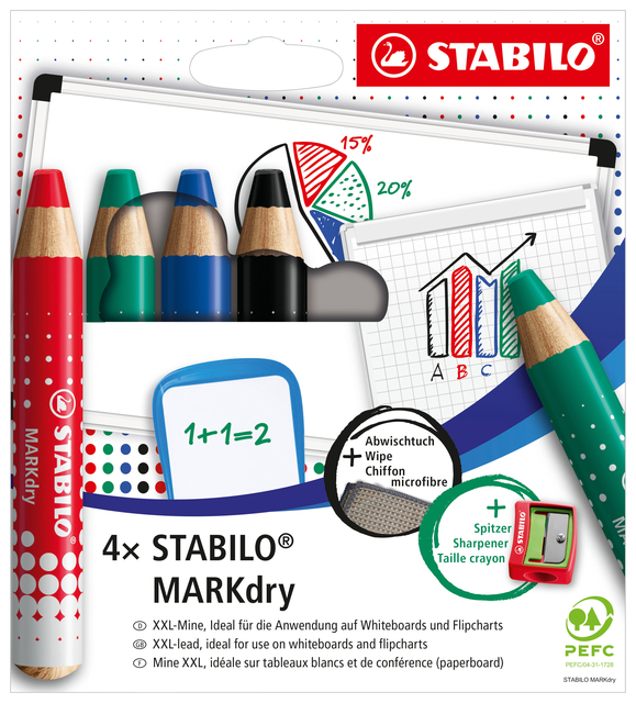 Whiteboardpotlood STABILO MARKdry 648/4 |+ slijper-microvezel ass 4st