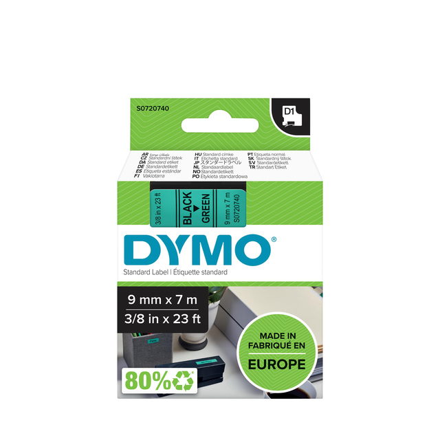 Ruban Dymo LabelManager D1 polyester 9mmx7m noir sur vert