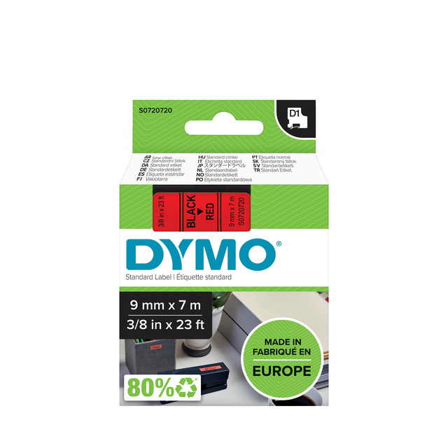 Ruban Dymo LabelManager D1 polyester 9mmx7m noir sur rouge