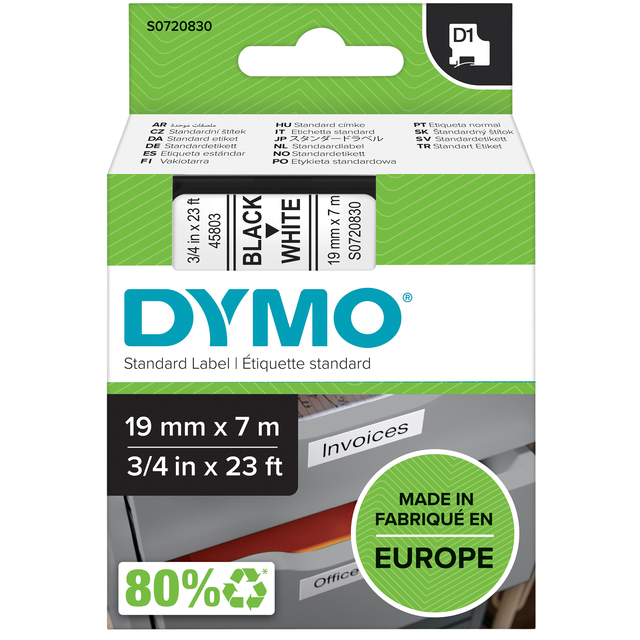 Ruban étiquettes Dymo LabelManager D1 polyester 19mm noir sur blanc
