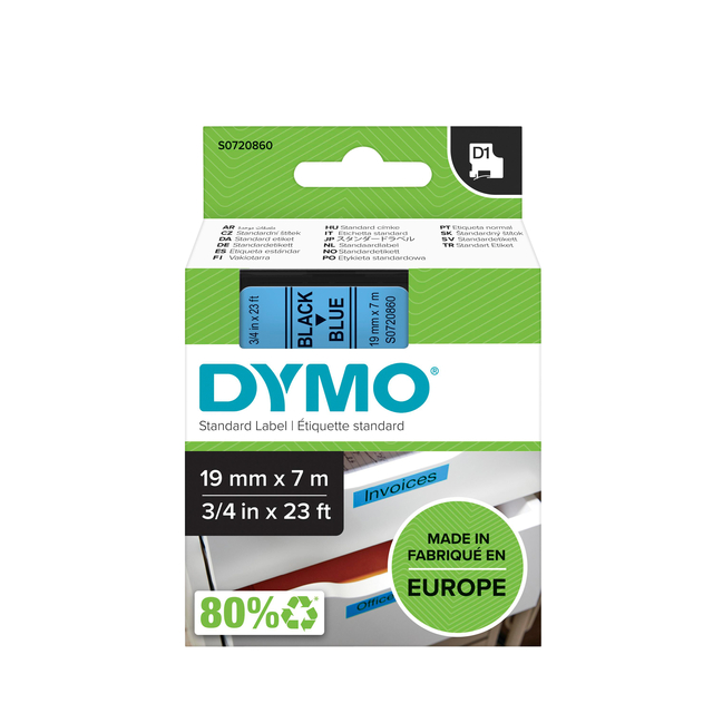 Ruban Dymo LabelManager D1 polyester 19mmx7m noir sur bleu