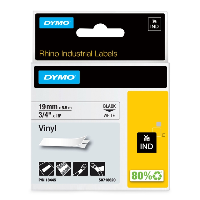 Ruban Dymo Rhino Industriel vinyle 19mmx5,5m noir sur blanc
