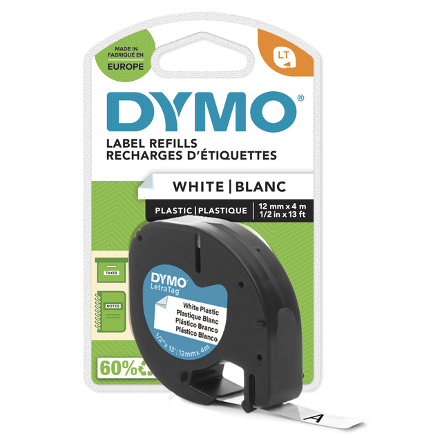 Ruban étiquettes Dymo LetraTag plastique 12mmx4m noir sur blanc