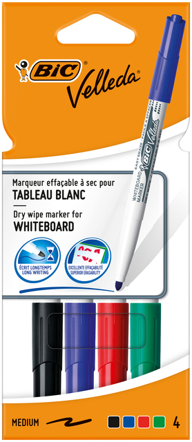 Marqueur tableau blanc BIC Velleda 1744 ogive Medium assorti étui carton 4 pièces