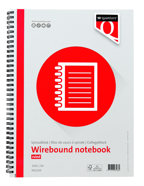 Bloc-notes Quantore A4 ligné spirale latérale 100 feuilles 70g