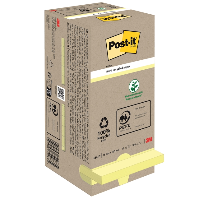 Memoblok Post-it 654 76x76mm recycled pastel geel 16 stuks
