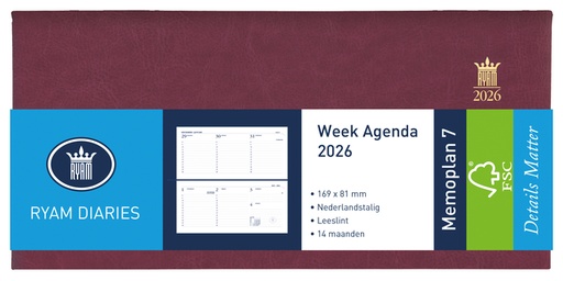 [900196] Agenda 2026 Ryam Memoplan 7 Mundior 7dagen/2pagina's landscape bordeaux