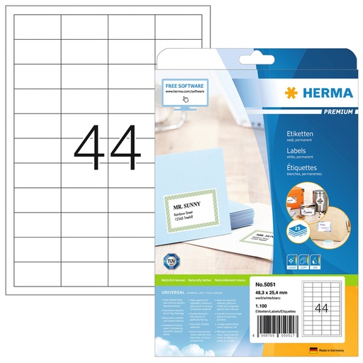 [817726] Etiquette HERMA Premium 5051 48,3x25,4mm blanc 1100 pièces