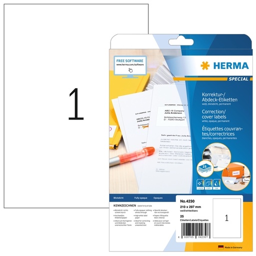 [817104] Etiket HERMA 4230 210x297mm A4 correctie wit 25stuks