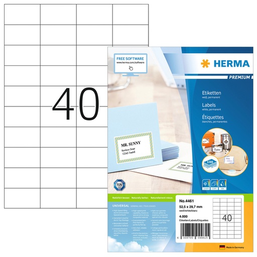 [817470] Etiquette HERMA Premium 4461 52,5x29,7mm blanc 4000 pièces