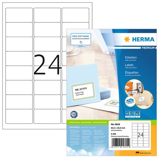 [817500] Etiket HERMA 4645 63.5x33.9mm premium wit 2400stuks
