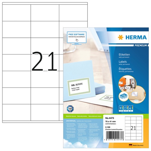 [817499] Etiket HERMA 4473 70x41mm premium wit 2100stuks