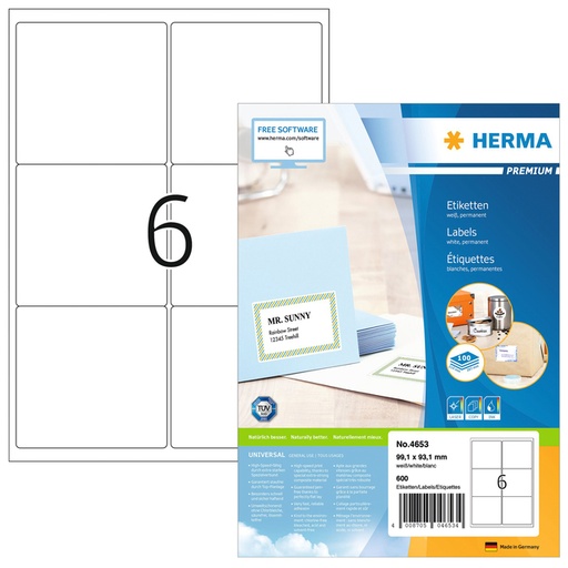 [817503] Etiquette HERMA Premium 4253 99,1x93,1m blanc 600 pièces