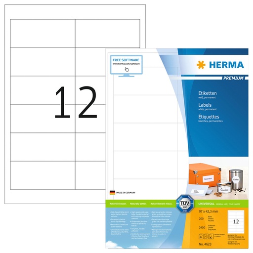 [817730] Etiquette HERMA Premium 4623 96,5x42,3mm blanc 2400 pièces
