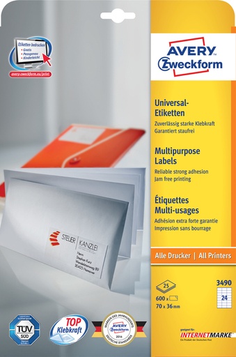 [817290] Etiket Avery Zweckform 3490 70x36mm wit 600stuks
