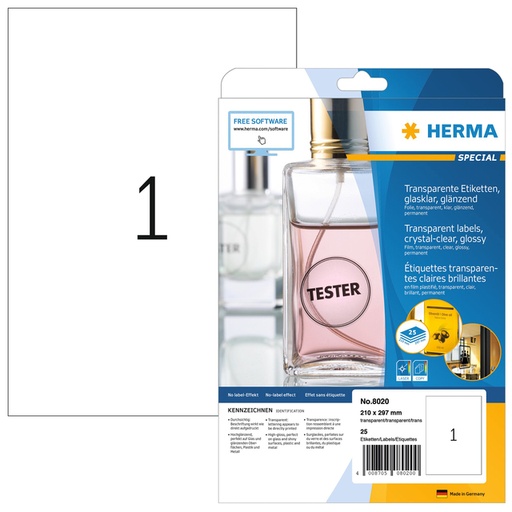 [810982] Etiquette HERMA 8020 210x297mm transparent 25 pièces