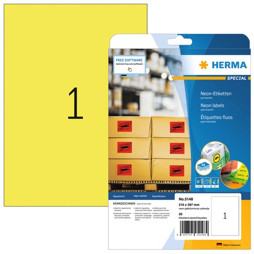 [817100] Etiket HERMA 5148 210x297mm A4 fluor geel 20stuks