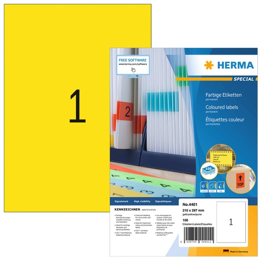 [817741] Etiquette HERMA 4401 210x297mm A4 jaune 100 pièces