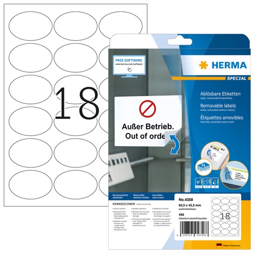 [817111] Etiquette amovible HERMA 4358 63,5x42,3mm ovale 450 pièces