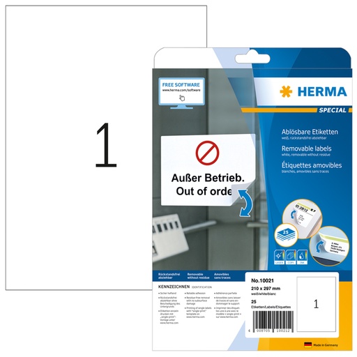 [816900] Etiket HERMA 10021 210x297mm A4 verwijderbaar wit 25 etiketten