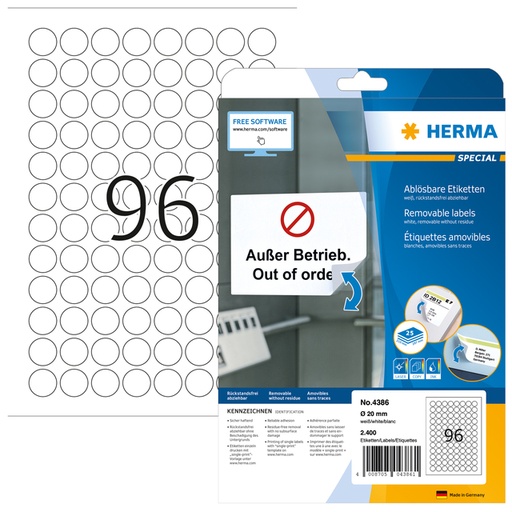 [817721] Etiquette amovible HERMA 4386 ronde 20mm blanc 2400 pièces