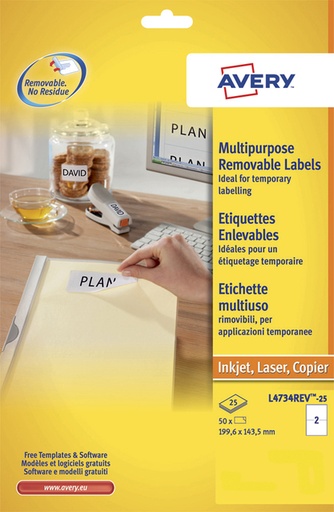[817016] Etiket Avery L4734REV-25 199.3x143.5mm wit 50 etiketten