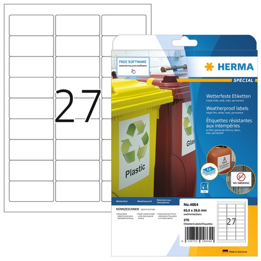 [817735] Etiquette HERMA 4864 63,5x29,6mm film blanc 270 pièces