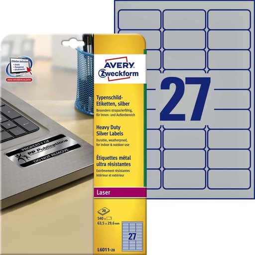 [817516] Étiquette  Avery L6011-20 63,5x29,6mm argent 540 pièces