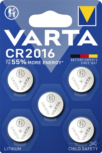 [413824] Pile bouton Varta CR2016 lithium blister 5 pièces