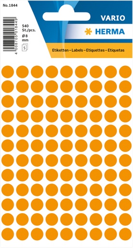 [810906] Etiquette HERMA 1844 rond 8mm orange fluo 540 pièces