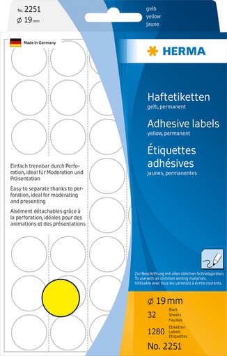 [816185] Etiket HERMA 2251 rond 19mm geel 1280stuks