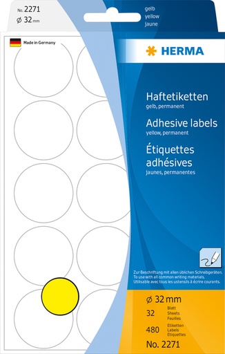 [816225] Etiket HERMA 2271 rond 32mm geel 480stuks