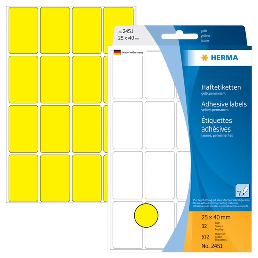 [816665] Etiket HERMA 2451 25x40mm geel 512 stuks