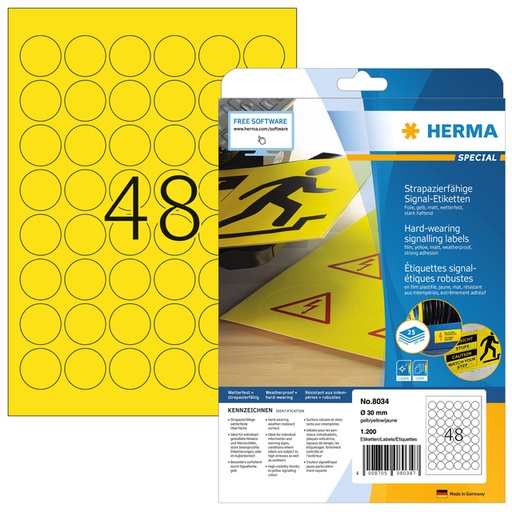 [810957] Etiket HERMA 8034 30mm rond weerbestendig geel 1200stuks