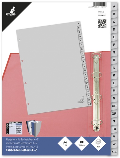 [271350] Intercalaire Kangaro G420AZ A4 4 perforations 20 onglets A-Z PP gris